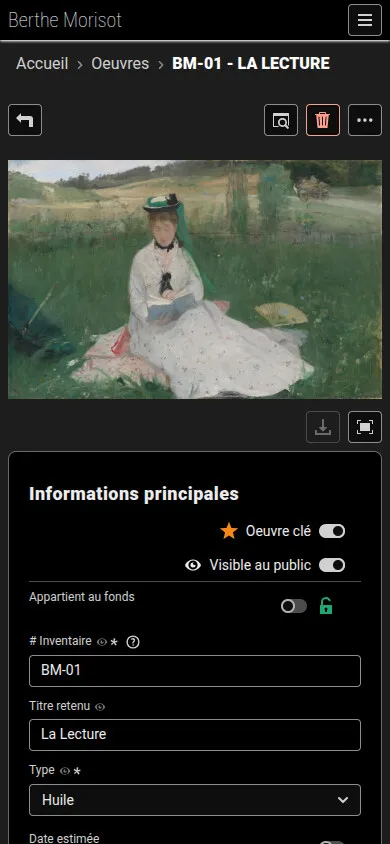 La fiche d'une œuvre ouverte dans l'outil sur un téléphone : l'image de La Lecture, puis les champs à compléter.