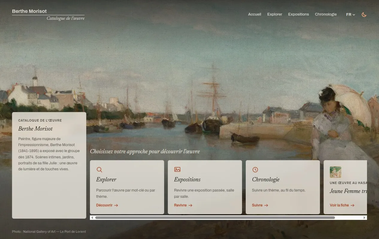 La page d'accueil du site public : un tableau de Berthe Morisot en plein écran, la présentation de l'artiste et les entrées Explorer, Expositions et Chronologie.